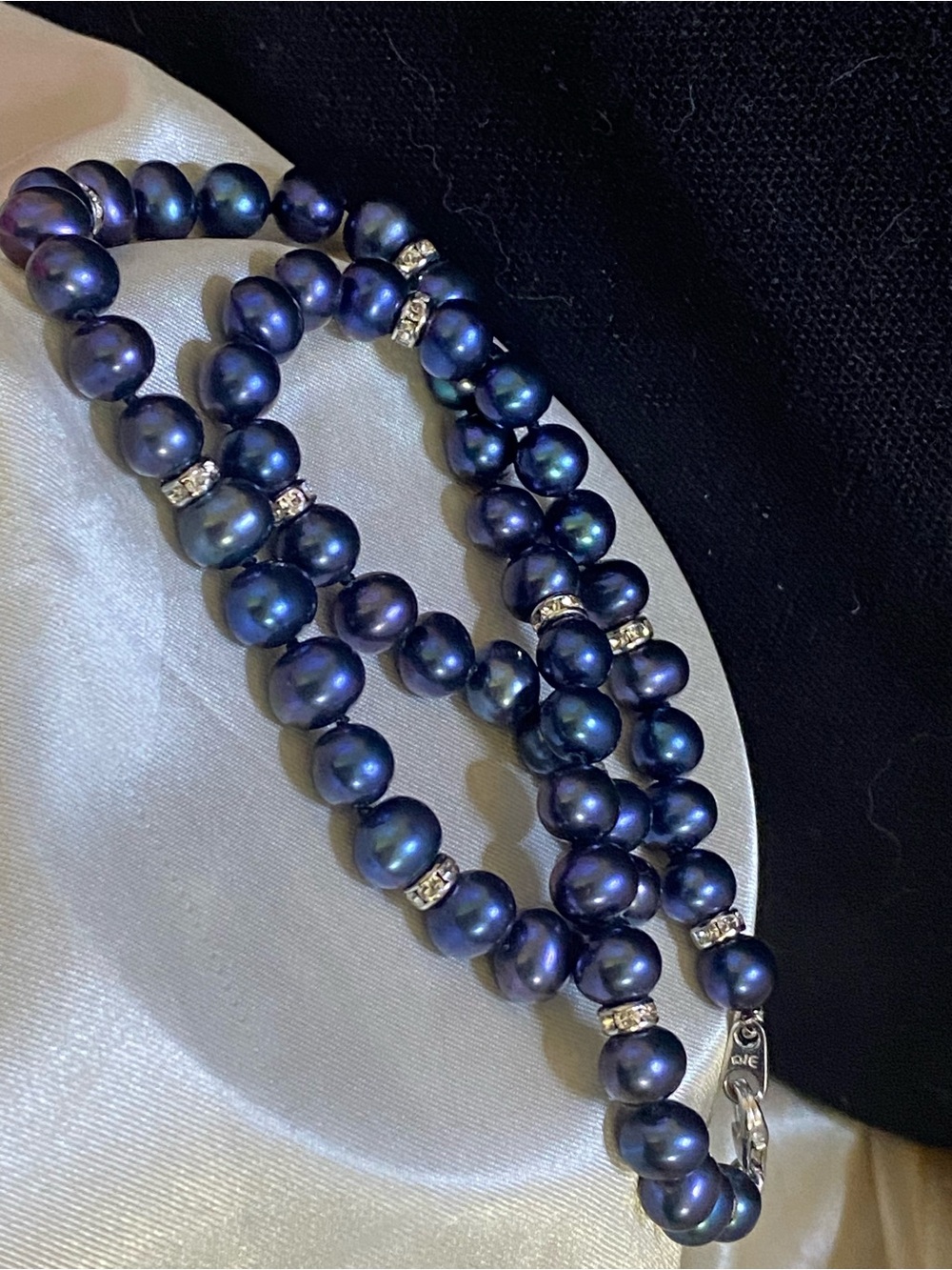 Vintage 925 Genuine Peacock Blue Cultured Pearl Rondelle spacer Necklace